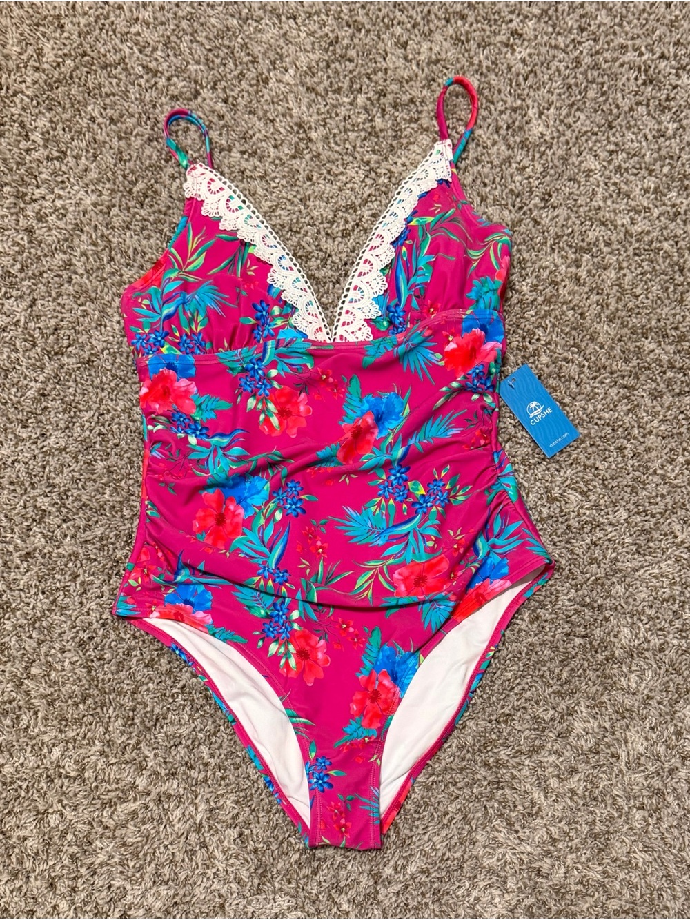 NWT, Cupshe Pink Floral One-Piece Swimsuit with Lace Trim, L - Picture 1 of 2
